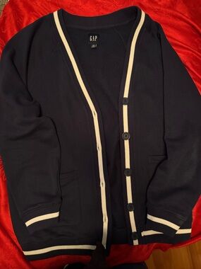 GAP Navy Cardigan with Cream Stripe Trim